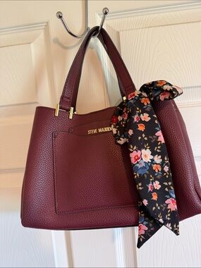 Steve Madden Burgundy Pebbled Tote with Floral Scarf